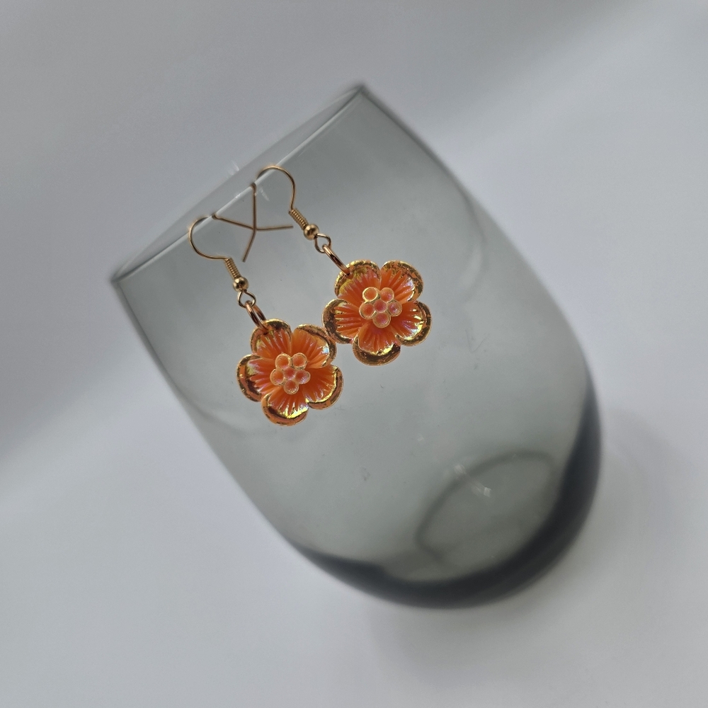 Handmade Orange Floral Earrings – Bright Flower Dangle Jewelry - Picture 3 of 5